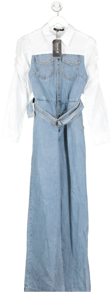 SHEIN Blue Contrast Shirt And Denim Belted Jumpsuit UK S