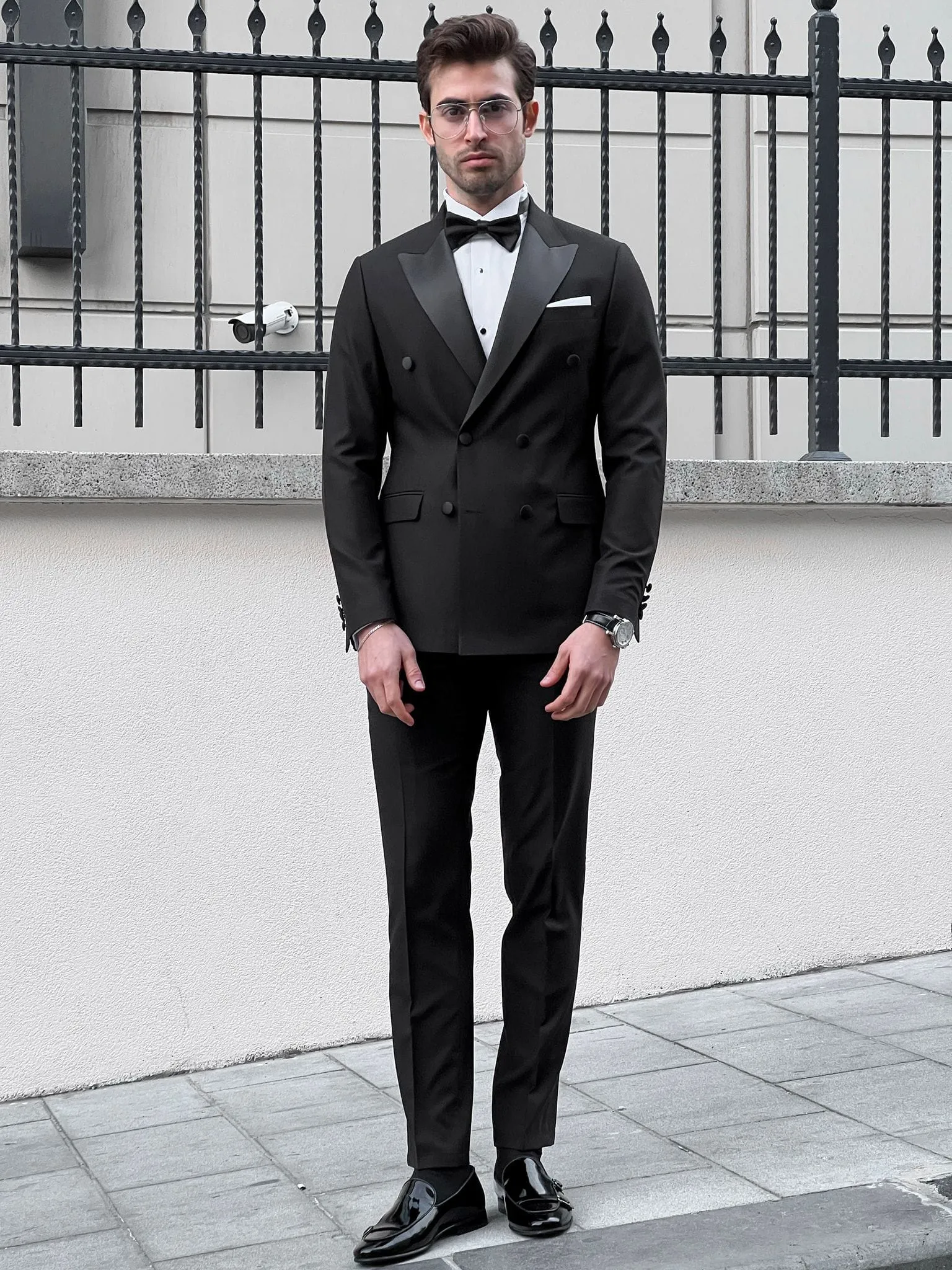 Slim Fit Pointed Collar Double Breasted Black Tuxedo