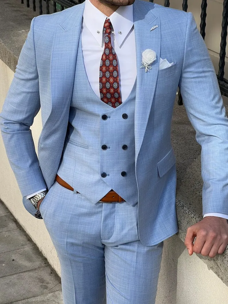 Slim Fit Tuxedo Mens Light Blue Wedding Wool Suit