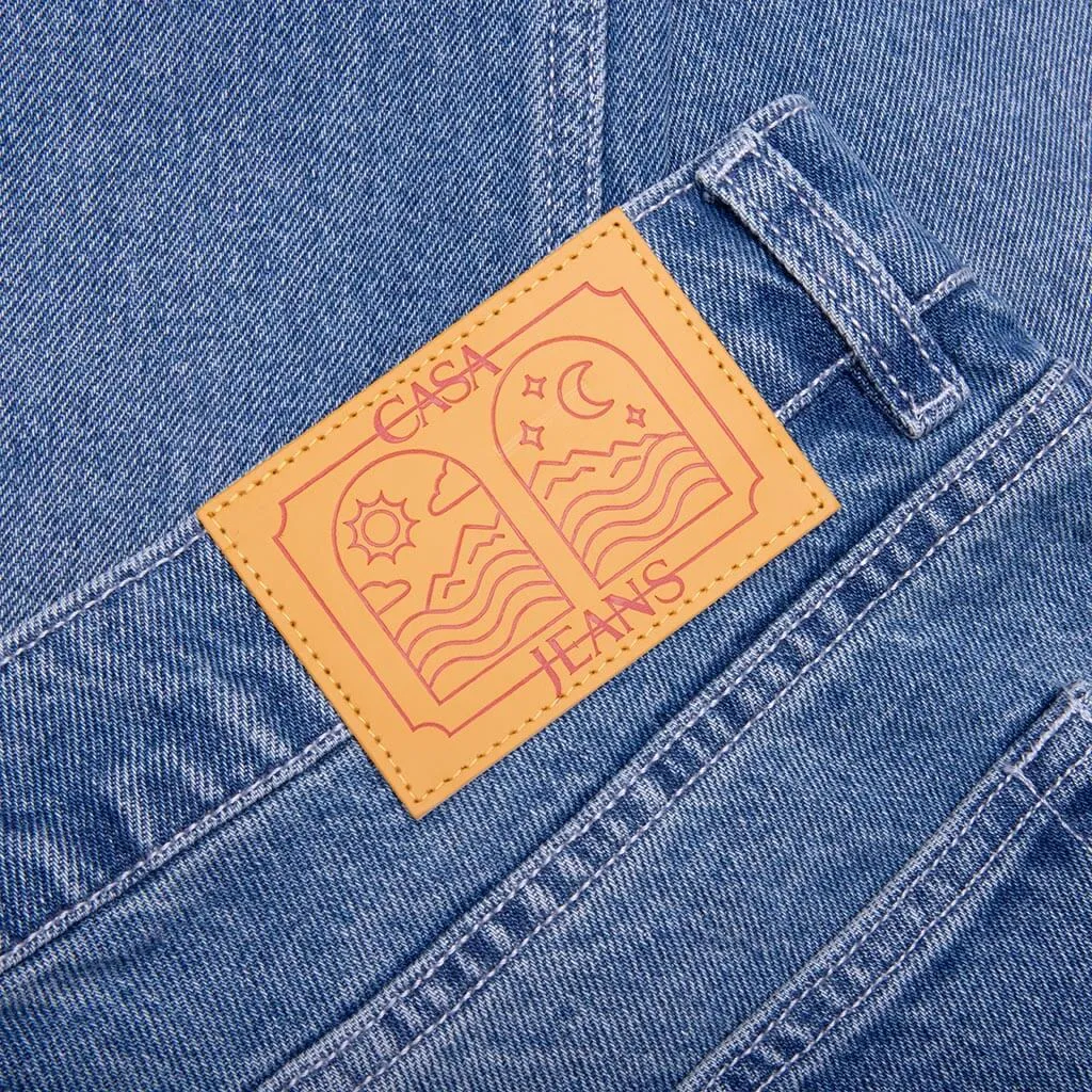 Stone Wash Denim Embroidered Motif Jean - Stone Wash