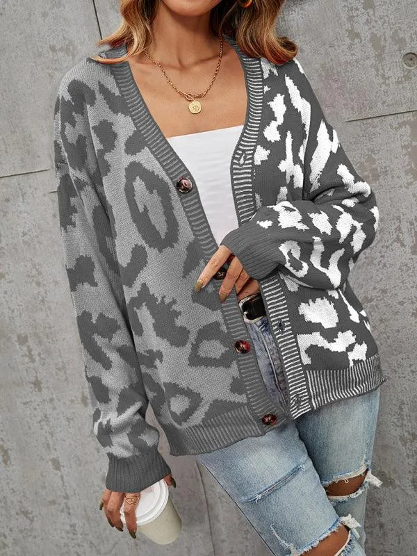 Street Style  Leopard Print Oversized Knit Cardigan Sweater