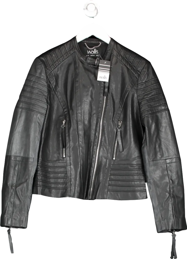 Wallis Black Round Neck Real Leather Biker Jacket UK 14