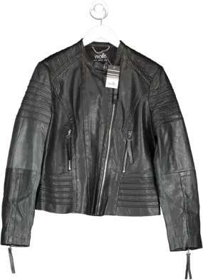 Wallis Black Round Neck Real Leather Biker Jacket UK 14