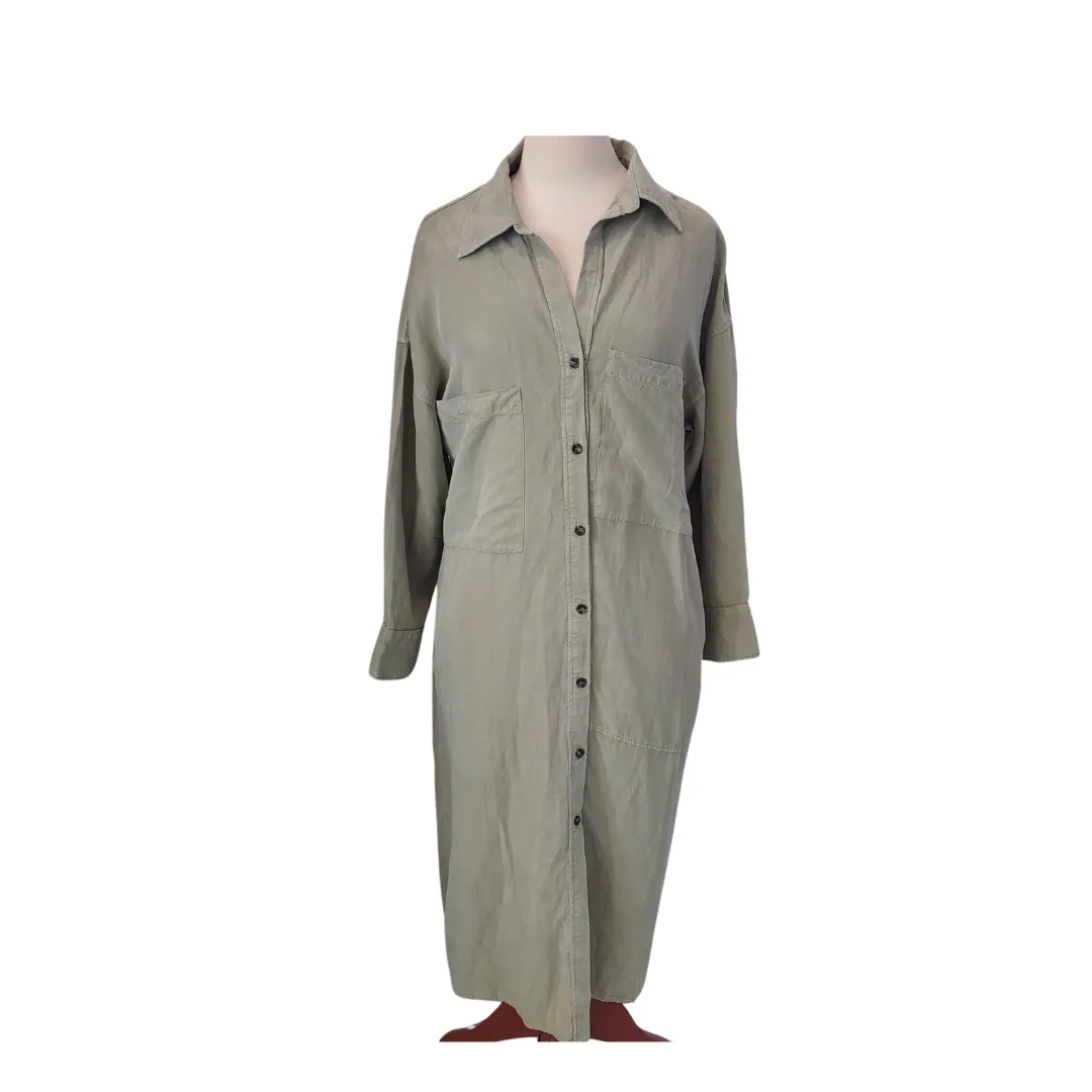 ZARA Khaki-Green Denim Maxi Shirt Dress | Brand New |